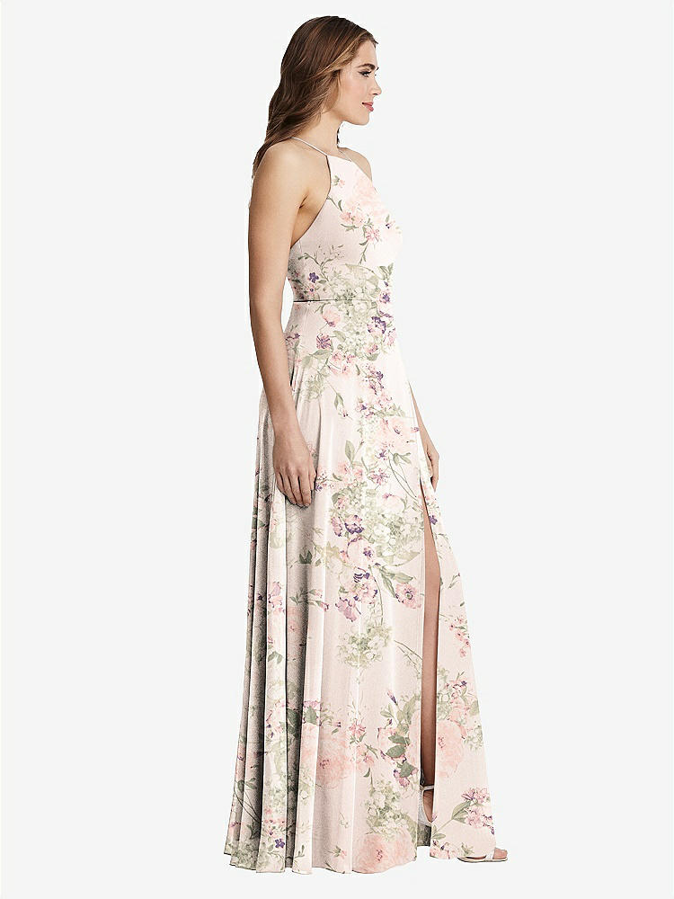 【STYLE: LB010】High Neck Chiffon Maxi Dress with Front Slit - Lela【COLOR: Blush Garden】
