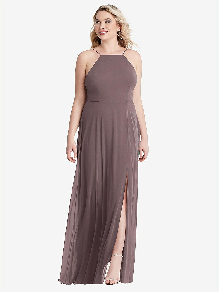 【STYLE: LB010】High Neck Chiffon Maxi Dress with Front Slit - Lela【COLOR: French Truffle】
