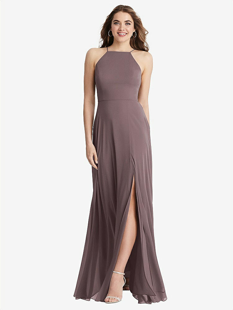 【STYLE: LB010】High Neck Chiffon Maxi Dress with Front Slit - Lela【COLOR: French Truffle】