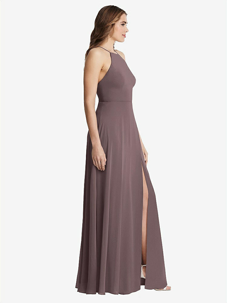 【STYLE: LB010】High Neck Chiffon Maxi Dress with Front Slit - Lela【COLOR: French Truffle】