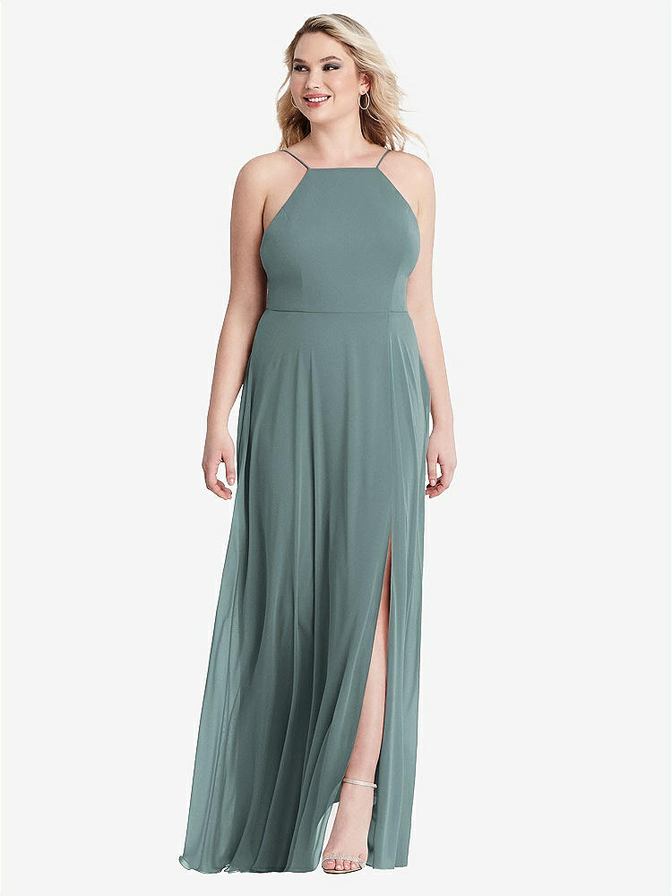 【STYLE: LB010】High Neck Chiffon Maxi Dress with Front Slit - Lela【COLOR: Icelandic】