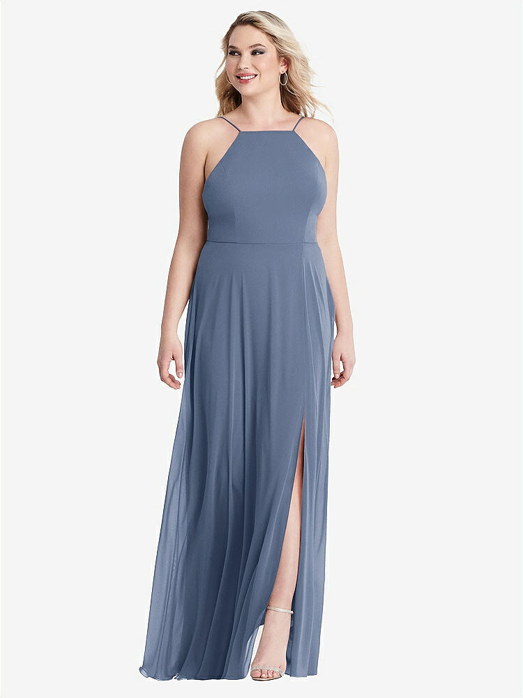 【STYLE: LB010】High Neck Chiffon Maxi Dress with Front Slit - Lela【COLOR: Larkspur Blue】