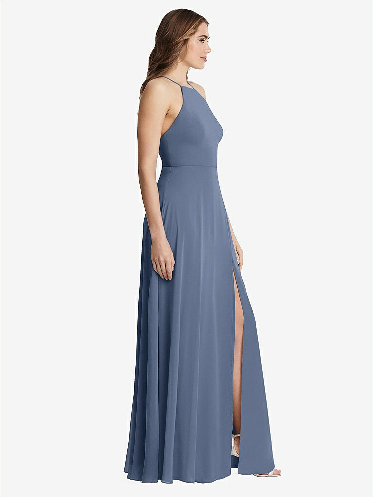 【STYLE: LB010】High Neck Chiffon Maxi Dress with Front Slit - Lela【COLOR: Larkspur Blue】