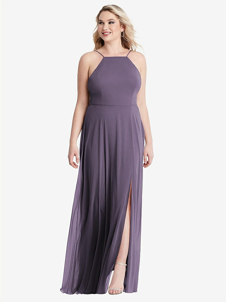 【STYLE: LB010】High Neck Chiffon Maxi Dress with Front Slit - Lela【COLOR: Lavender】