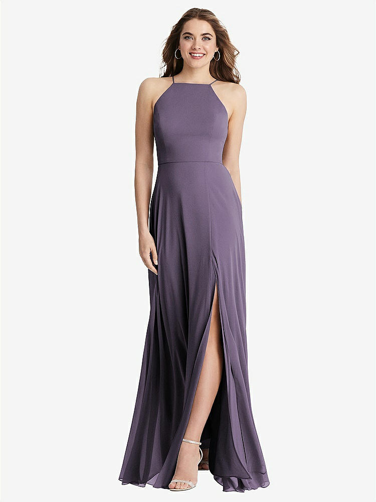 【STYLE: LB010】High Neck Chiffon Maxi Dress with Front Slit - Lela【COLOR: Lavender】