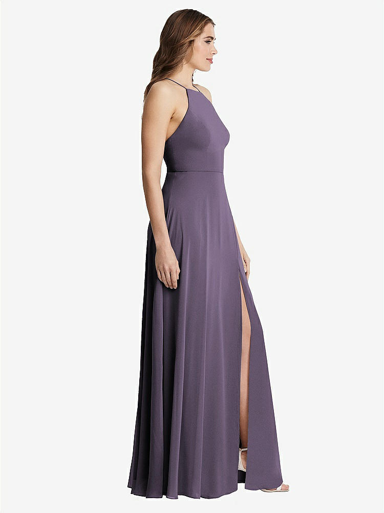 【STYLE: LB010】High Neck Chiffon Maxi Dress with Front Slit - Lela【COLOR: Lavender】