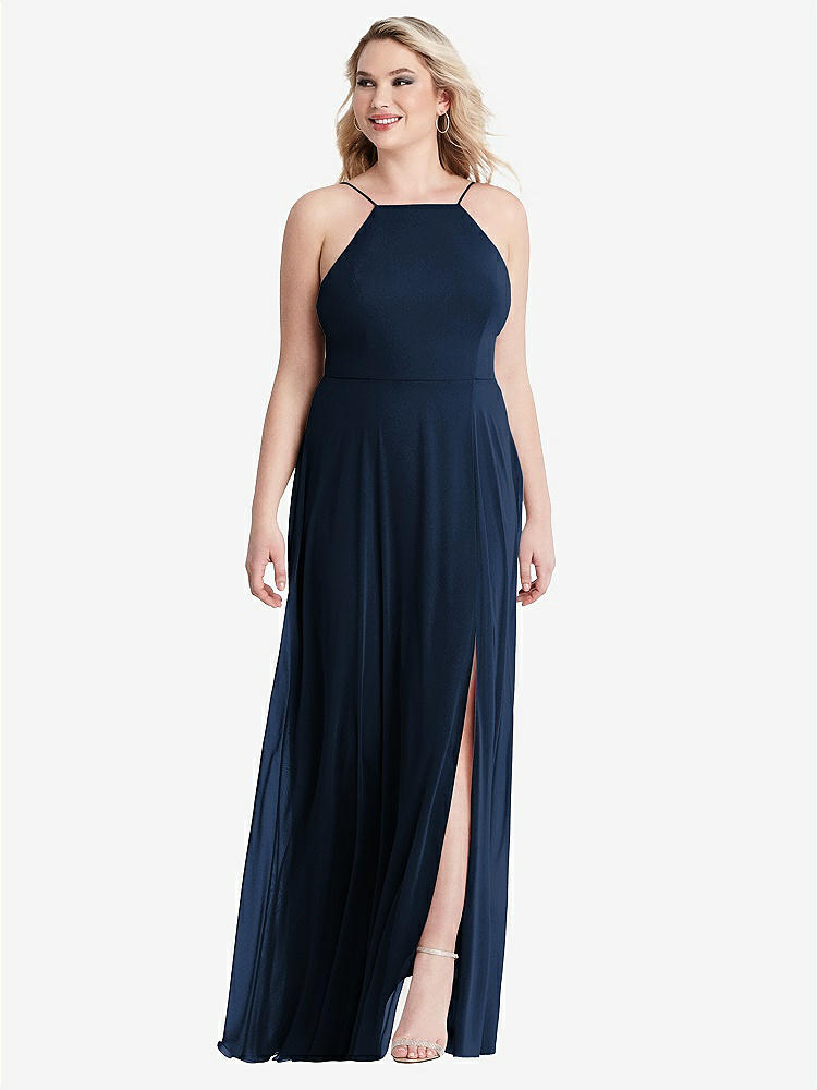 【STYLE: LB010】High Neck Chiffon Maxi Dress with Front Slit - Lela【COLOR: Midnight Navy】