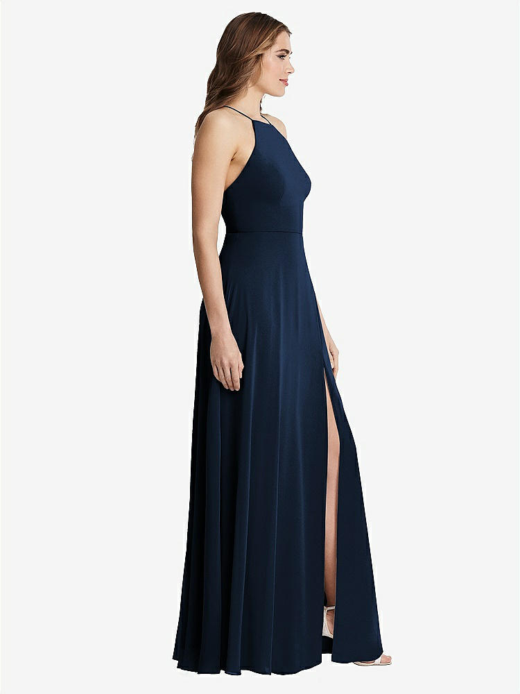 【STYLE: LB010】High Neck Chiffon Maxi Dress with Front Slit - Lela【COLOR: Midnight Navy】