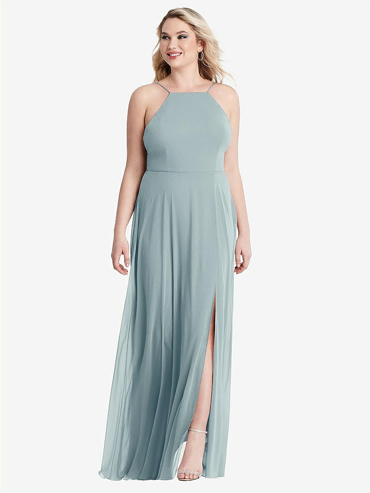 【STYLE: LB010】High Neck Chiffon Maxi Dress with Front Slit - Lela【COLOR: Morning Sky】
