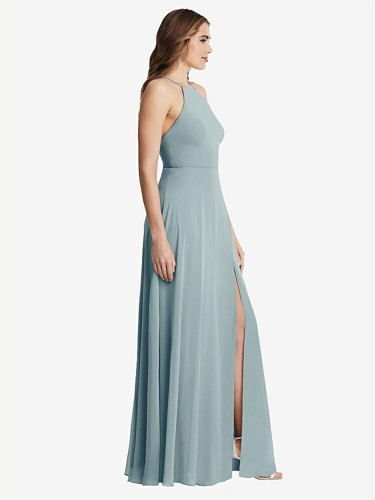 【STYLE: LB010】High Neck Chiffon Maxi Dress with Front Slit - Lela【COLOR: Morning Sky】