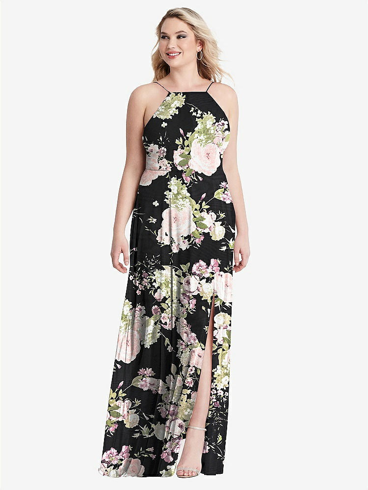 【STYLE: LB010】High Neck Chiffon Maxi Dress with Front Slit - Lela【COLOR: Noir Garden】