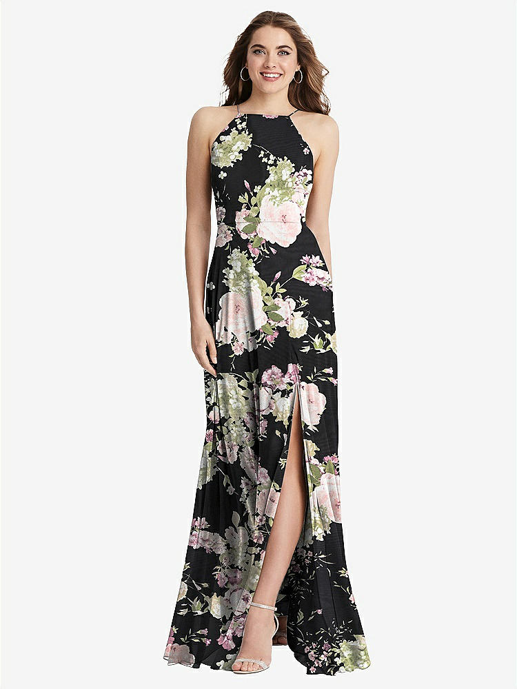 【STYLE: LB010】High Neck Chiffon Maxi Dress with Front Slit - Lela【COLOR: Noir Garden】