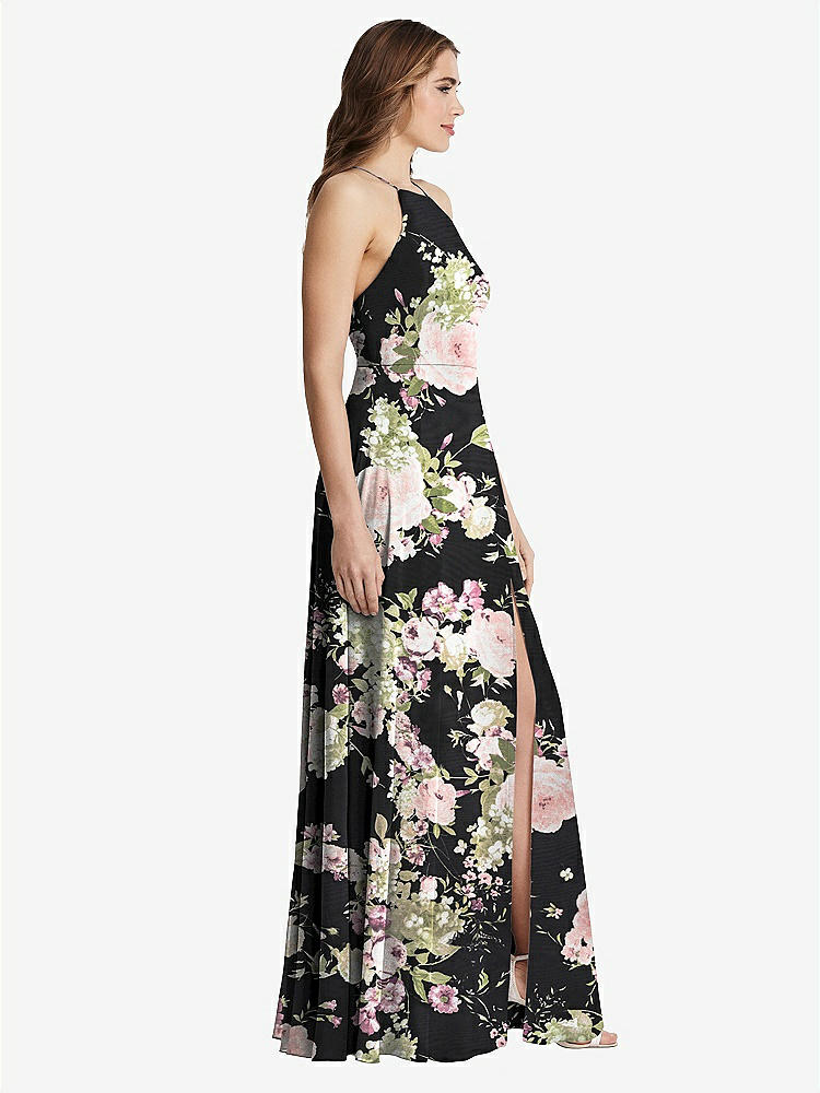 【STYLE: LB010】High Neck Chiffon Maxi Dress with Front Slit - Lela【COLOR: Noir Garden】