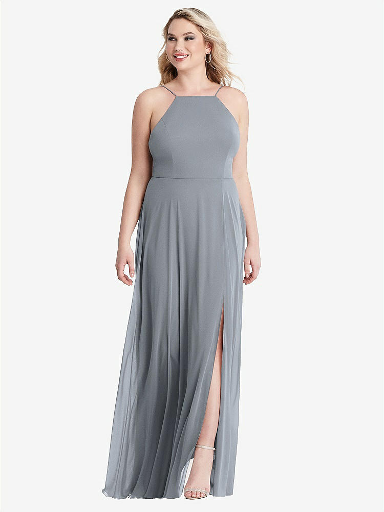 【NEW】【STYLE: LB010】高 首 シフォン マキシ ドレス 前面 スリット  -  lela【COLOR: Platinum】【SIZE: 00-30W】