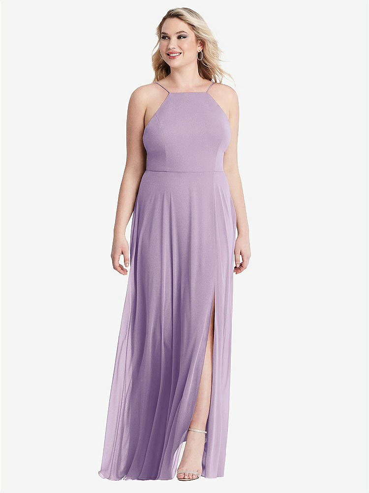 【STYLE: LB010】High Neck Chiffon Maxi Dress with Front Slit - Lela【COLOR: Pale Purple】