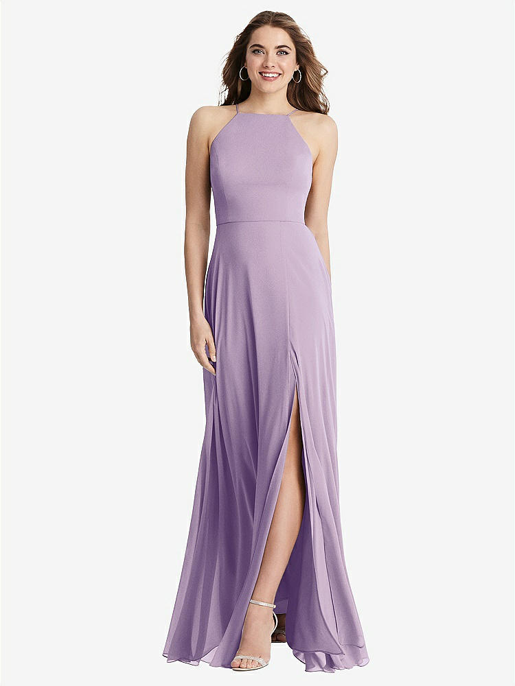 【STYLE: LB010】High Neck Chiffon Maxi Dress with Front Slit - Lela【COLOR: Pale Purple】