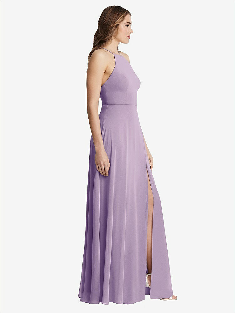 【STYLE: LB010】High Neck Chiffon Maxi Dress with Front Slit - Lela【COLOR: Pale Purple】