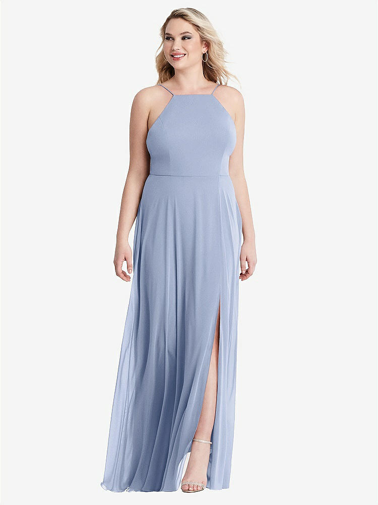 【STYLE: LB010】High Neck Chiffon Maxi Dress with Front Slit - Lela【COLOR: Sky Blue】