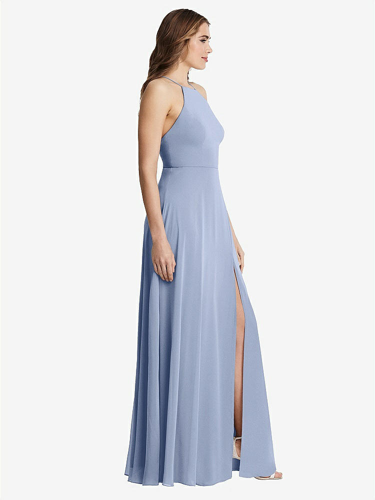 【STYLE: LB010】High Neck Chiffon Maxi Dress with Front Slit - Lela【COLOR: Sky Blue】