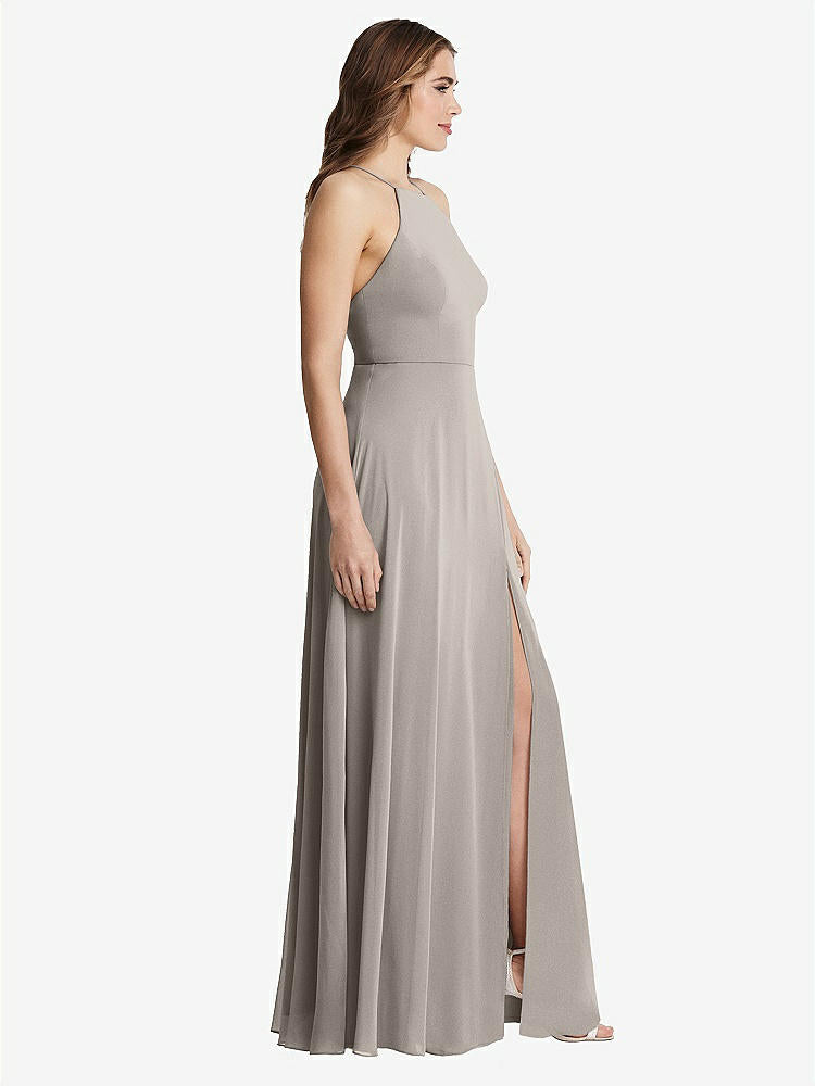 【NEW】【STYLE: LB010】高 首 シフォン マキシ ドレス 前面 スリット - lela【COLOR: Taupe】【SIZE: 00-30W】