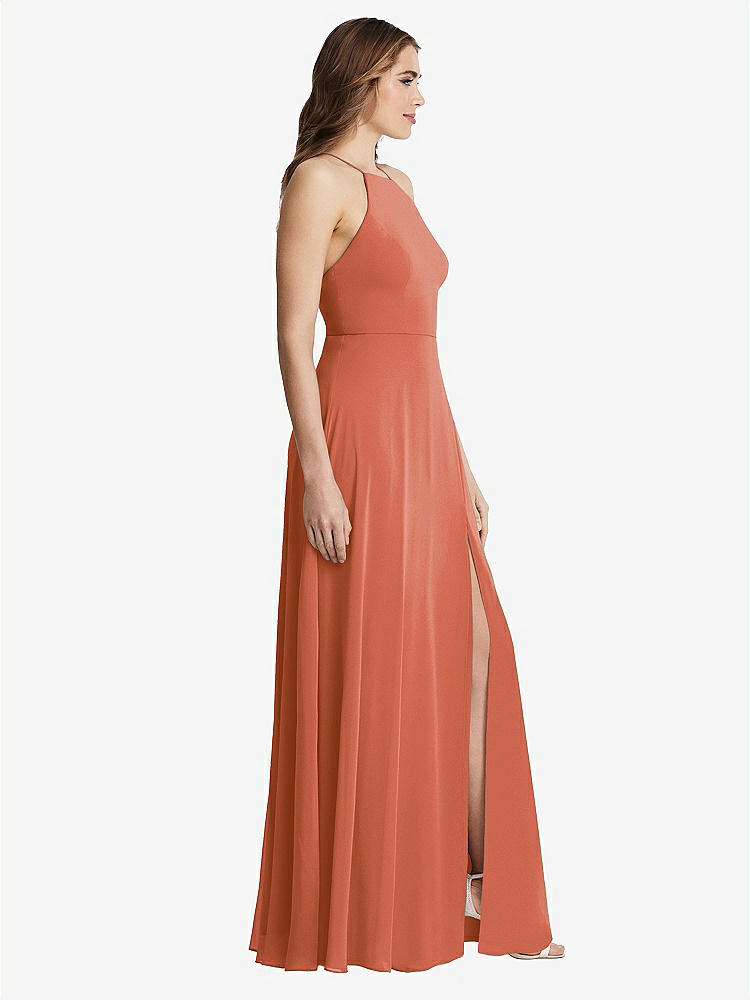 【STYLE: LB010】High Neck Chiffon Maxi Dress with Front Slit - Lela【COLOR: Terracotta Copper】