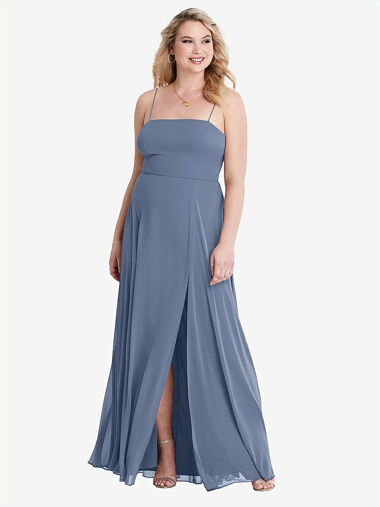 【STYLE: LB012】Square Neck Chiffon Maxi Dress with Front Slit - Elliott【COLOR: Larkspur Blue】