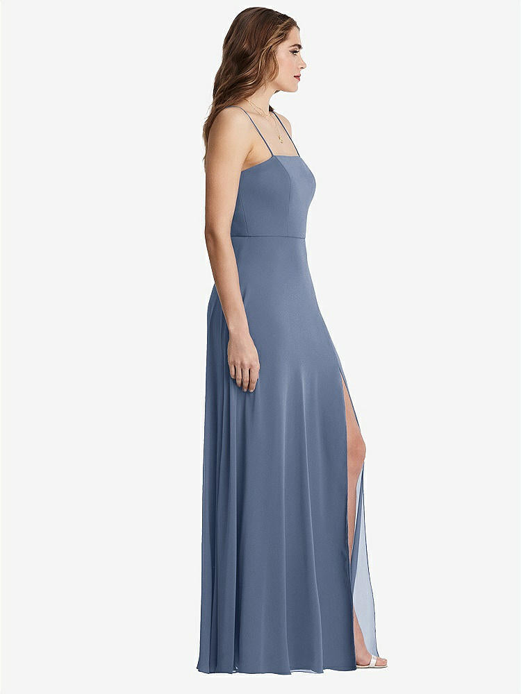 【STYLE: LB012】Square Neck Chiffon Maxi Dress with Front Slit - Elliott【COLOR: Larkspur Blue】