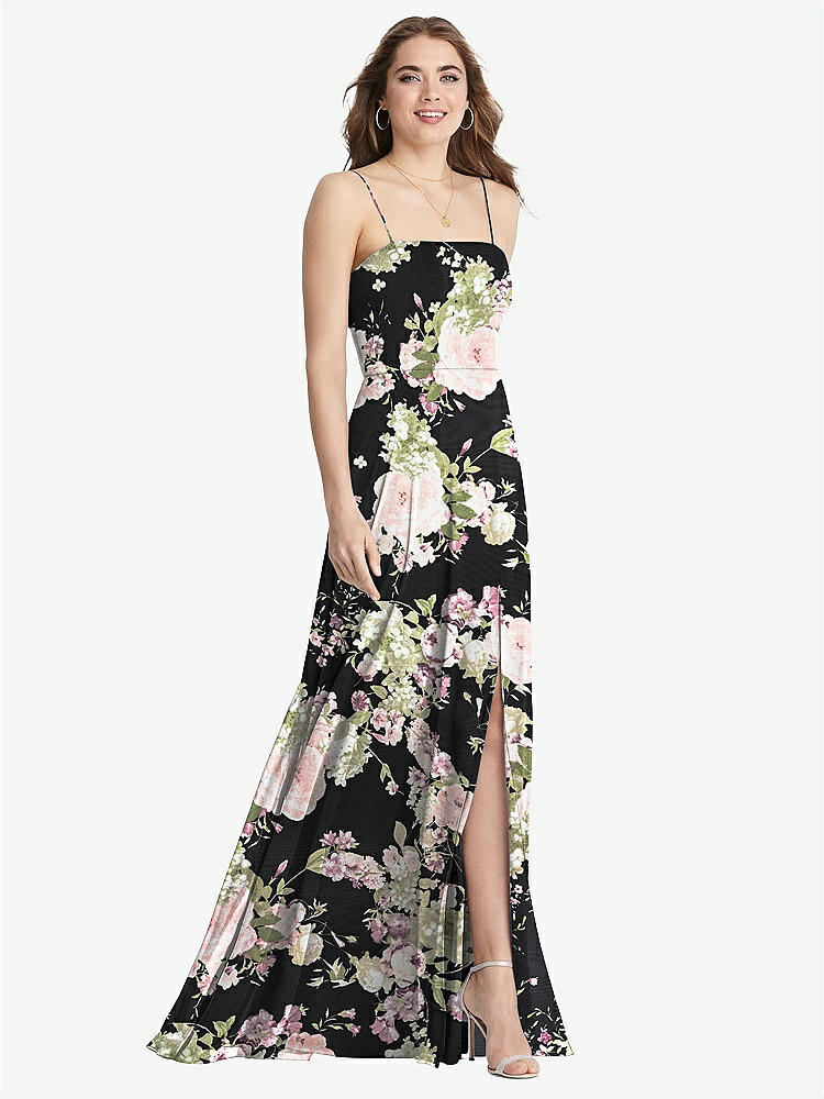 【STYLE: LB012】Square Neck Chiffon Maxi Dress with Front Slit - Elliott【COLOR: Noir Garden】