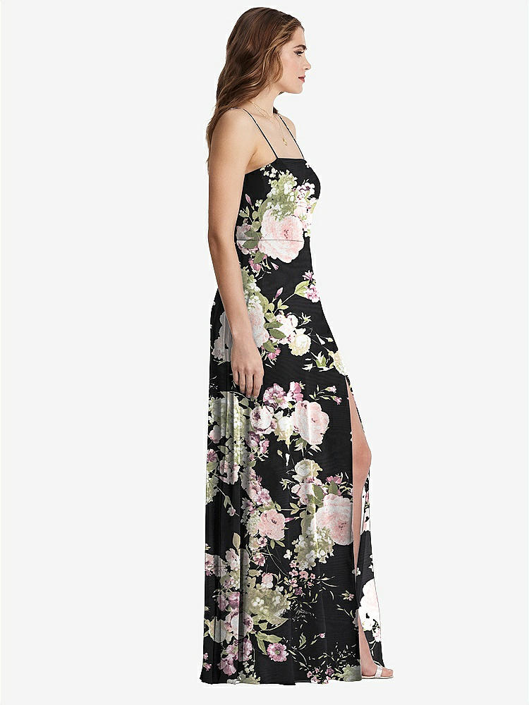 【STYLE: LB012】Square Neck Chiffon Maxi Dress with Front Slit - Elliott【COLOR: Noir Garden】