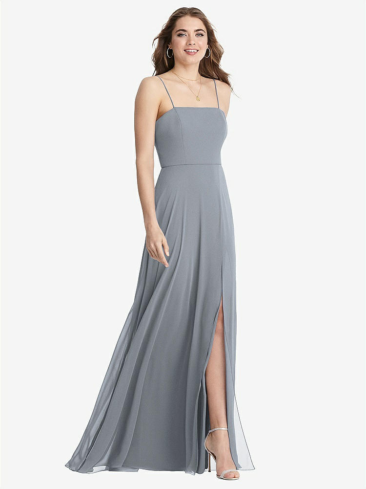 【STYLE: LB012】Square Neck Chiffon Maxi Dress with Front Slit - Elliott【COLOR: Platinum】