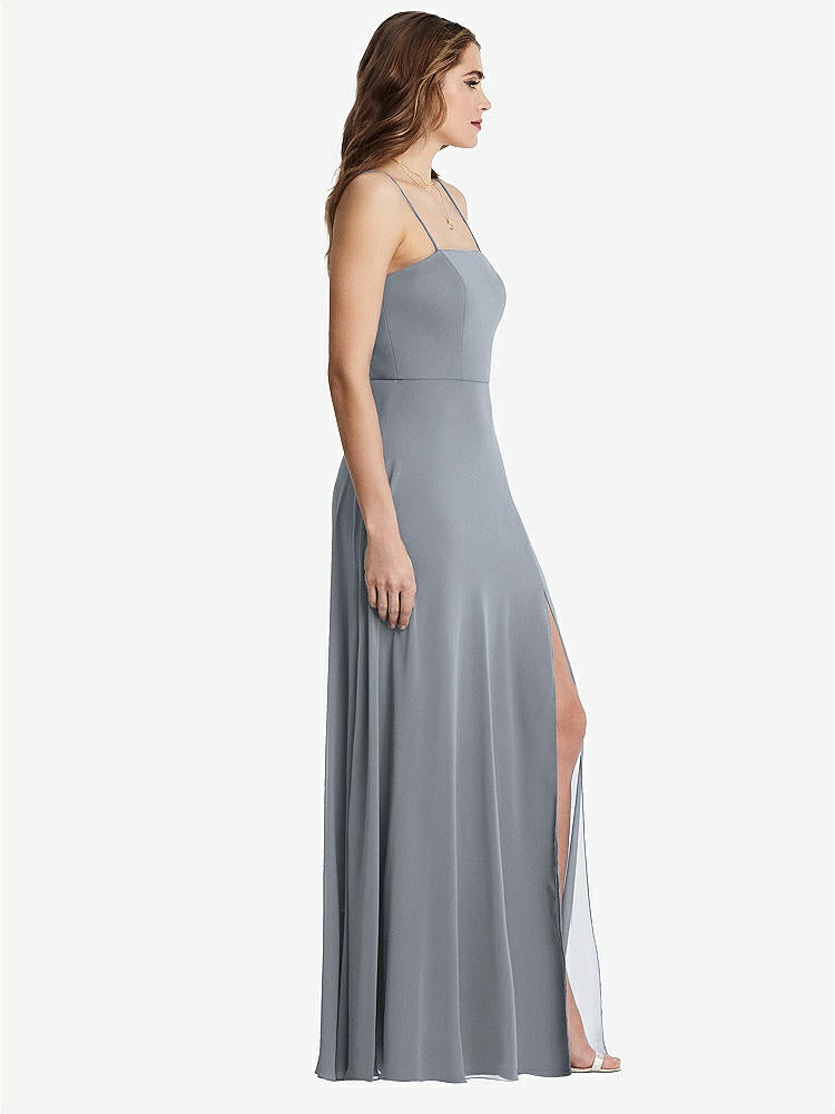 【STYLE: LB012】Square Neck Chiffon Maxi Dress with Front Slit - Elliott【COLOR: Platinum】