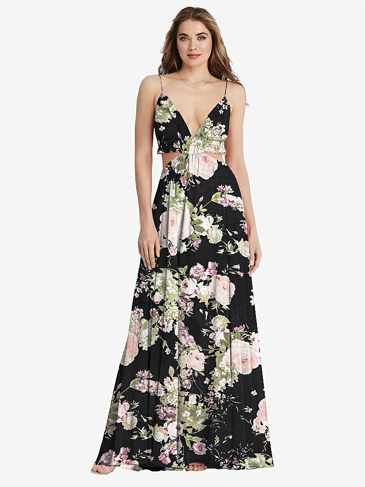 【STYLE: LB014】Ruffled Chiffon Cutout Maxi Dress - Jessie【COLOR: Noir Garden】