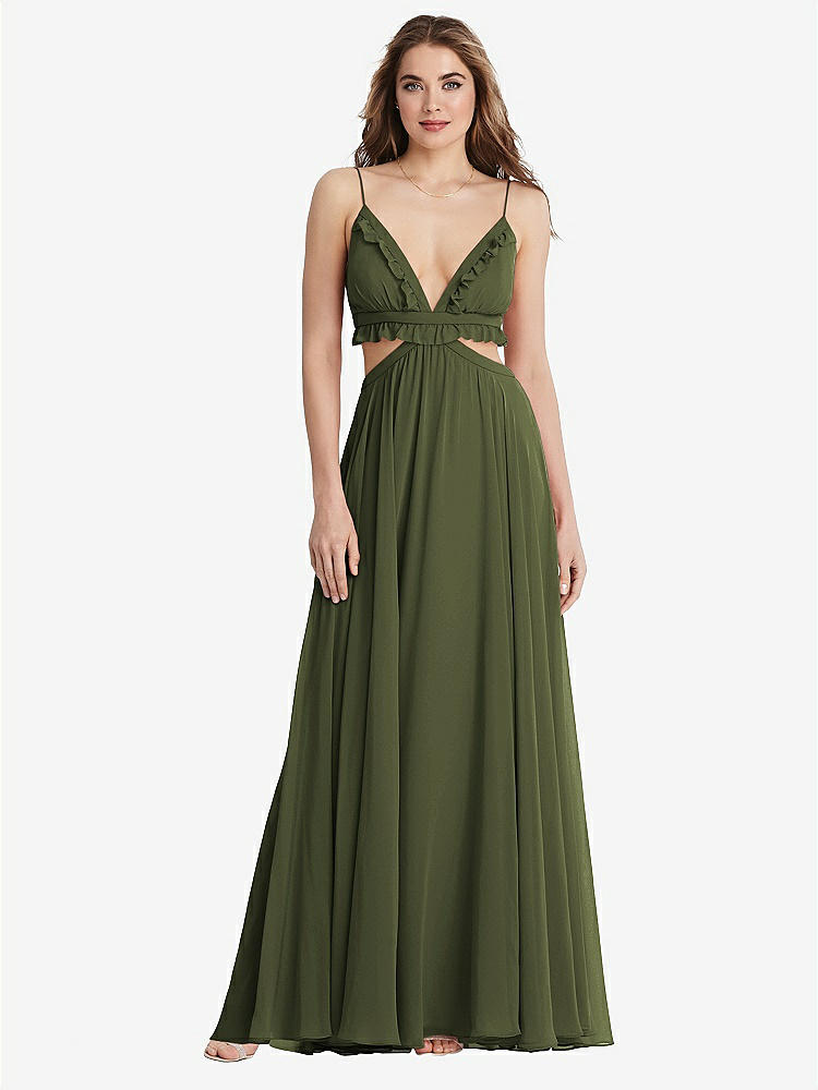 【STYLE: LB014】Ruffled Chiffon Cutout Maxi Dress - Jessie【COLOR: Olive Green】