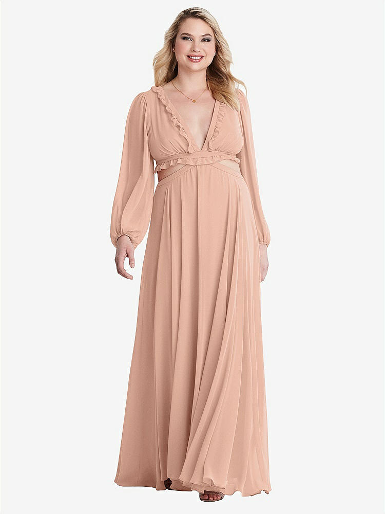 【STYLE: LB015】Bishop Sleeve Ruffled Chiffon Cutout Maxi Dress - Harlow 【COLOR: Pale Peach】