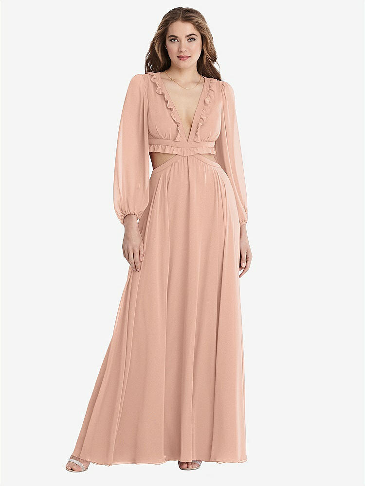 【STYLE: LB015】Bishop Sleeve Ruffled Chiffon Cutout Maxi Dress - Harlow 【COLOR: Pale Peach】