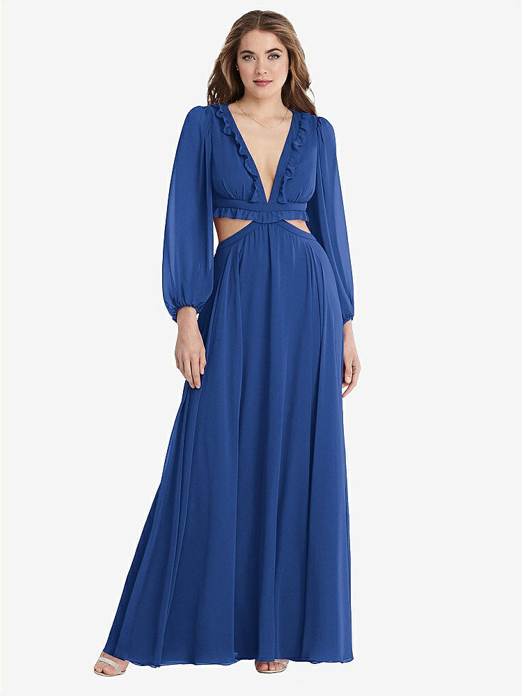 【STYLE: LB015】Bishop Sleeve Ruffled Chiffon Cutout Maxi Dress - Harlow 【COLOR: Classic Blue】
