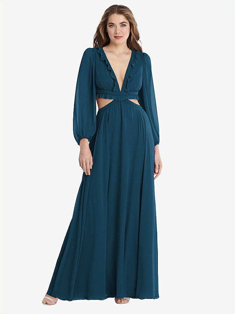 【STYLE: LB015】Bishop Sleeve Ruffled Chiffon Cutout Maxi Dress - Harlow 【COLOR: Atlantic Blue】