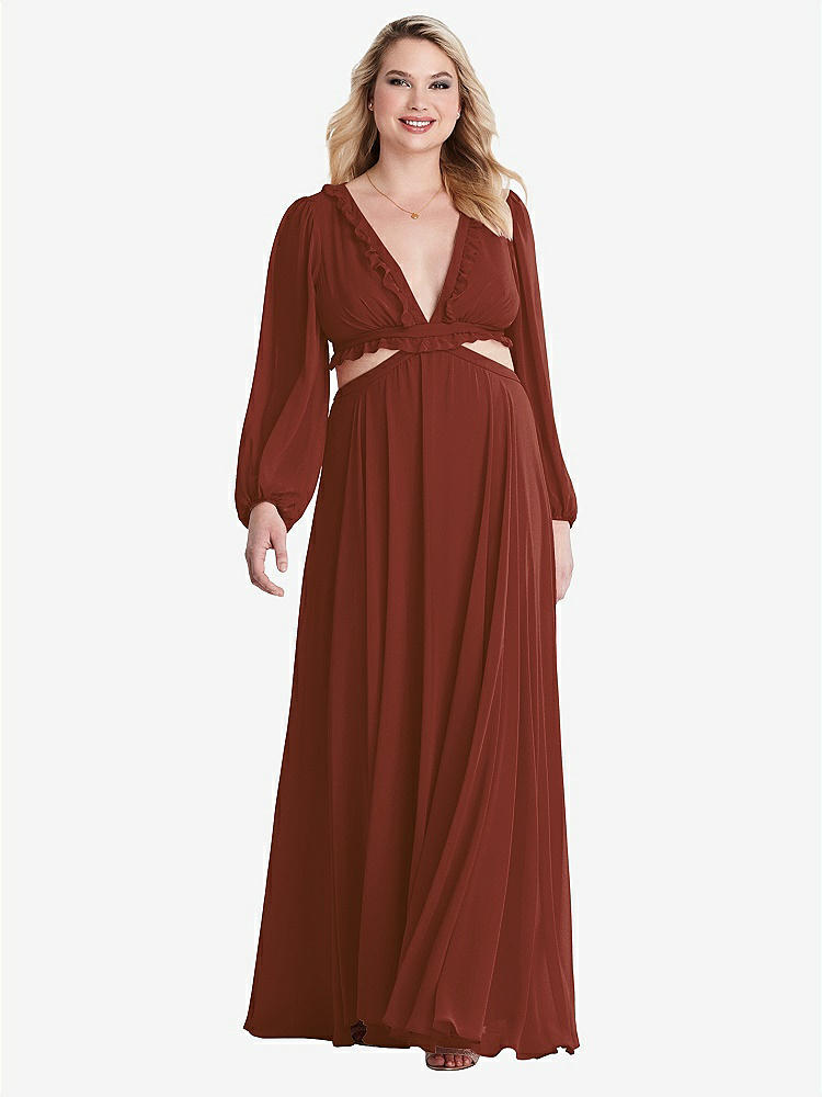 【STYLE: LB015】Bishop Sleeve Ruffled Chiffon Cutout Maxi Dress - Harlow 【COLOR: Auburn Moon】