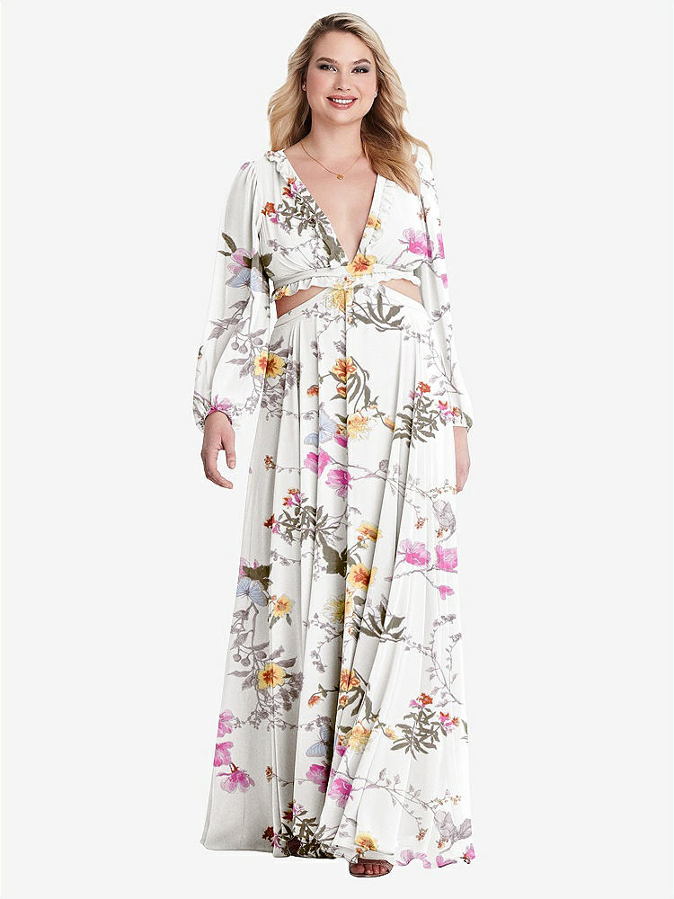 【STYLE: LB015】Bishop Sleeve Ruffled Chiffon Cutout Maxi Dress - Harlow 【COLOR: Butterfly Botanica Ivory】
