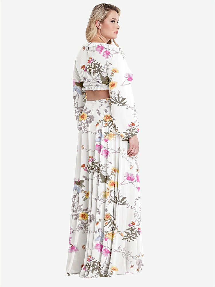 【STYLE: LB015】Bishop Sleeve Ruffled Chiffon Cutout Maxi Dress - Harlow 【COLOR: Butterfly Botanica Ivory】