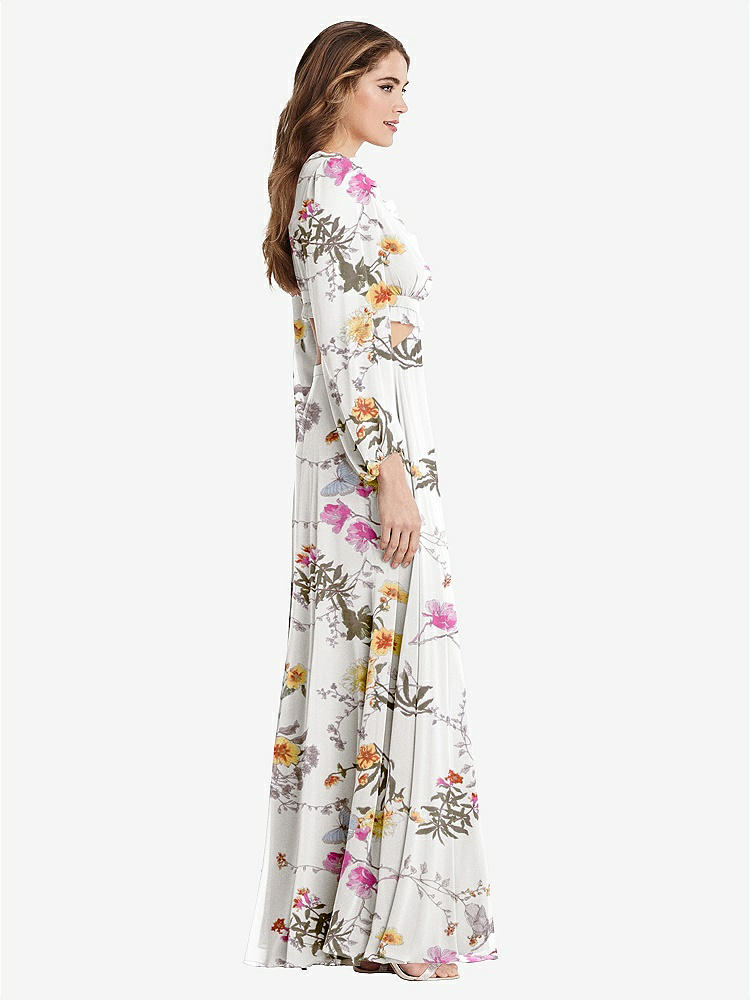【STYLE: LB015】Bishop Sleeve Ruffled Chiffon Cutout Maxi Dress - Harlow 【COLOR: Butterfly Botanica Ivory】
