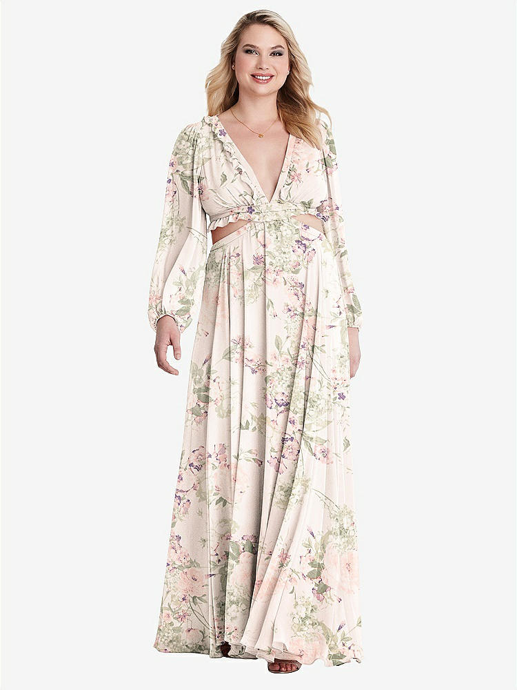 【NEW】【STYLE: LB015】ビショップ 袖 フリル シフォン カットアウト マキシ ドレス  -  ハーロー 【COLOR: Blush Garden】【SIZE: 00-30W】