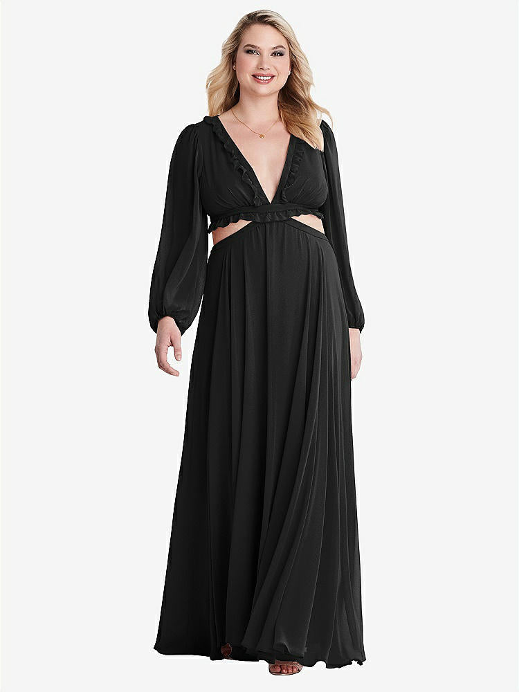 【STYLE: LB015】Bishop Sleeve Ruffled Chiffon Cutout Maxi Dress - Harlow 【COLOR: Black】