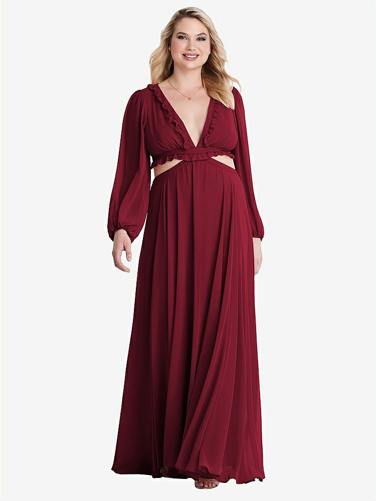 【STYLE: LB015】Bishop Sleeve Ruffled Chiffon Cutout Maxi Dress - Harlow 【COLOR: Burgundy】