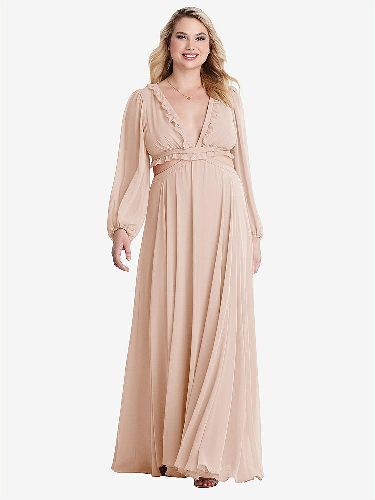【STYLE: LB015】Bishop Sleeve Ruffled Chiffon Cutout Maxi Dress - Harlow 【COLOR: Cameo】