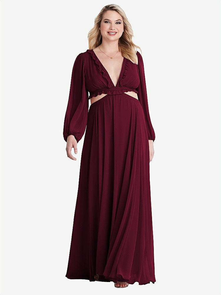 【STYLE: LB015】Bishop Sleeve Ruffled Chiffon Cutout Maxi Dress - Harlow 【COLOR: Cabernet】