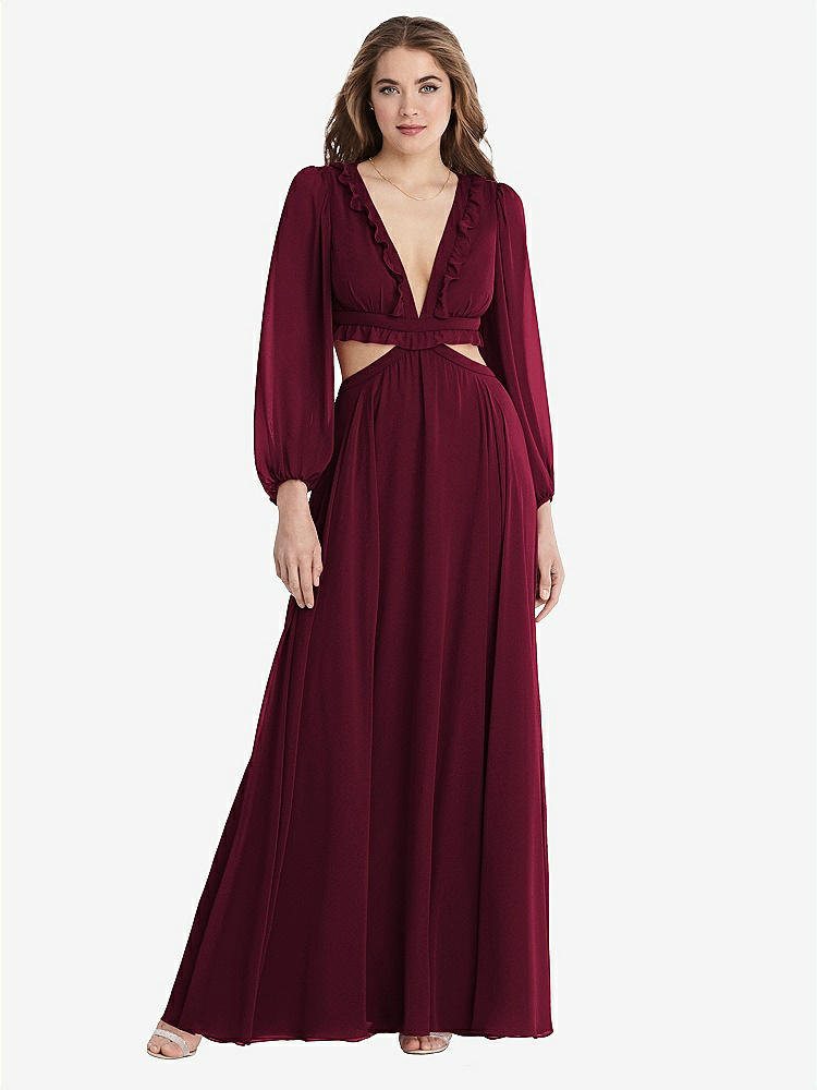 【STYLE: LB015】Bishop Sleeve Ruffled Chiffon Cutout Maxi Dress - Harlow 【COLOR: Cabernet】