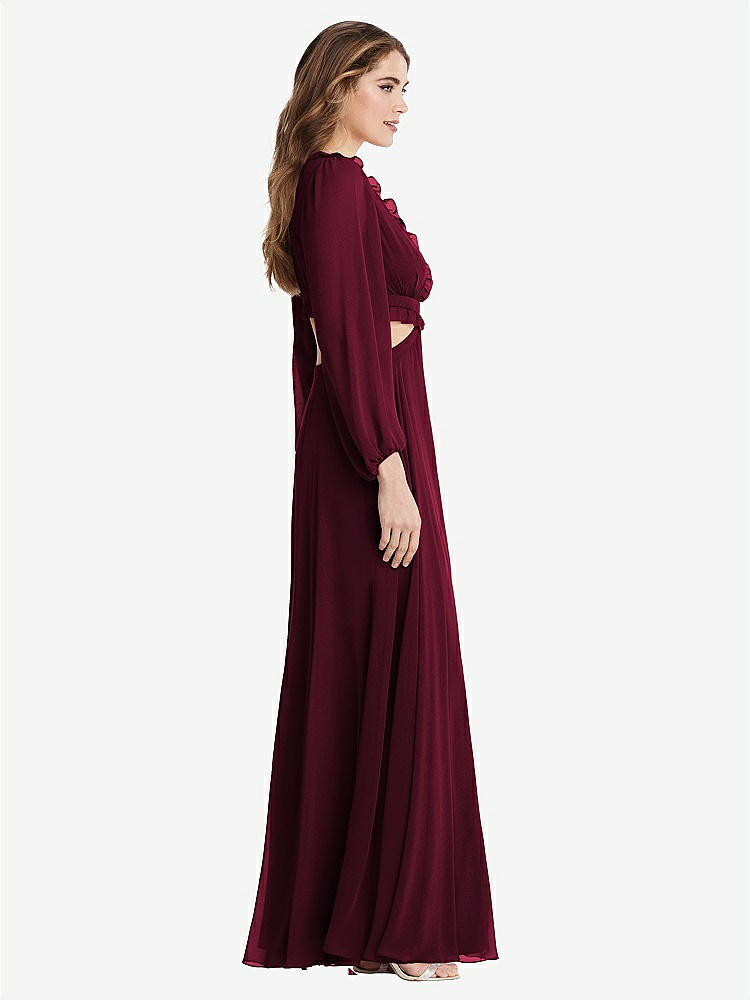 【STYLE: LB015】Bishop Sleeve Ruffled Chiffon Cutout Maxi Dress - Harlow 【COLOR: Cabernet】
