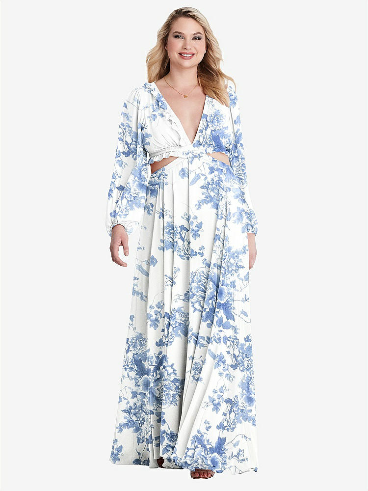 【NEW】【STYLE: LB015】ビショップ 袖 フリル シフォン カットアウト マキシ ドレス - ハーロー 【COLOR: Cottage Rose Dusk Blue】【SIZE: 00-30W】