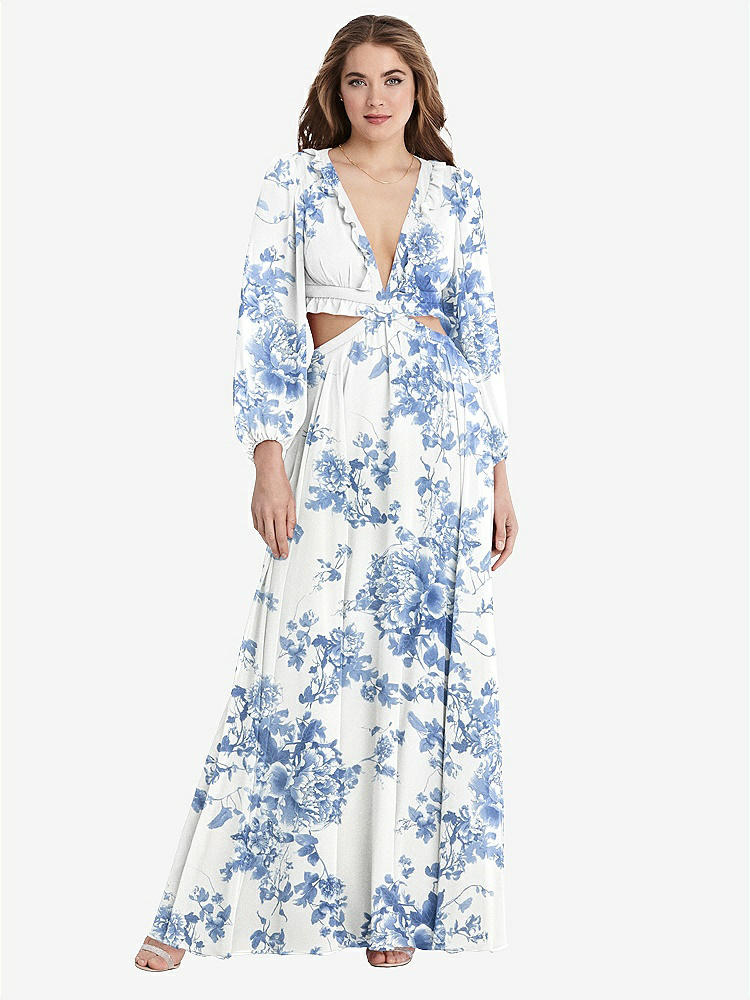 【NEW】【STYLE: LB015】ビショップ 袖 フリル シフォン カットアウト マキシ ドレス - ハーロー 【COLOR: Cottage Rose Dusk Blue】【SIZE: 00-30W】